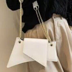 Women's White Geometric Flap Magnetic Snap Zipper Half-Chain Straps Handbag